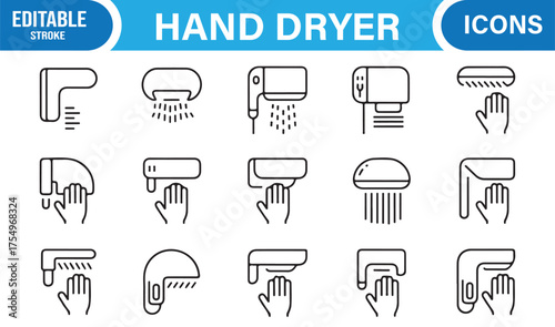 Minimalist black and white icons of hand dryers for modern bathroom and hygiene design concepts