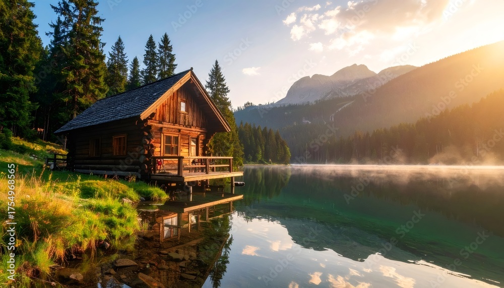Fototapeta premium Log cabin on lake shore reflecting mountains at sunrise