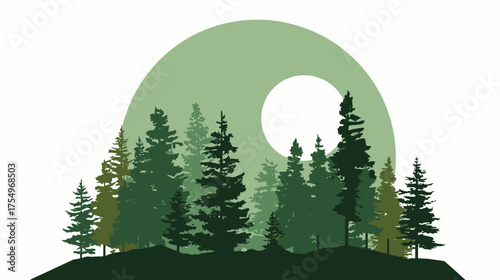 Silhouetted evergreen trees with a large pale green circle and white moon behind them