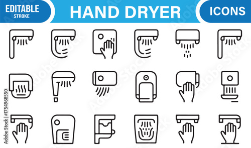 Editable vector collection of air dryer symbols for hygiene and washroom technology themes