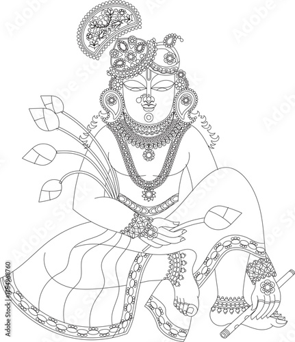 Shrinathji, Jagannath, or Lord Krishna with cows, in Indian folk painting Pichwai style	
