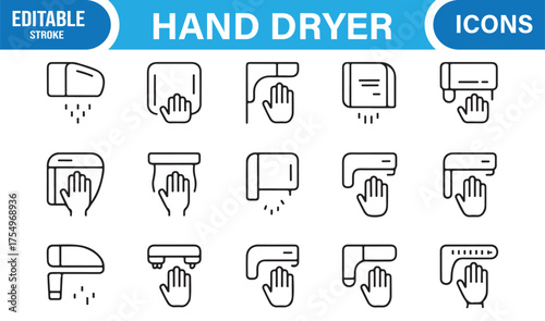 Modern line art icons showing automatic hand dryers for restroom and sanitation design
