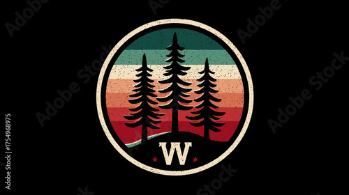 Retro circle badge with silhouetted pine trees and horizontal stripes on a black background