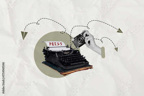 Foto Art poster collage of type machine with arrows sending press paper use camera on