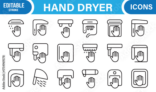 Editable stroke hand dryer icons in clean line art style for restroom and bathroom designs