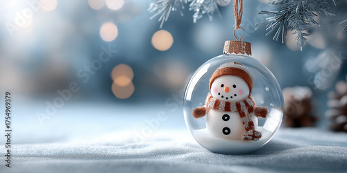 A snowman in a hard hat and gloves intently uses a tablet with a stylus, set against a dark, glowing industrial background. created by ai