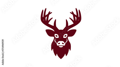 Maroon deer head silhouette with antlers on white background, stylized illustration