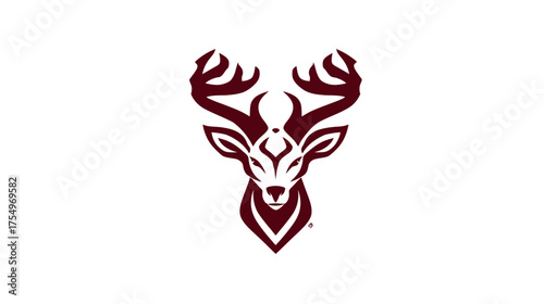 Stylized deer head with antlers, in a deep red hue, against a bright white backdrop