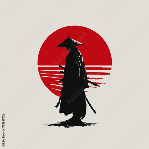 Silhouette of a samurai warrior against a red sun rising over horizontal lines