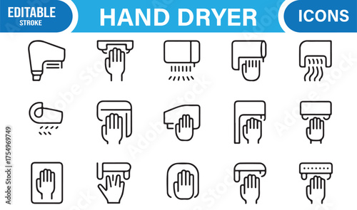 Collection of modern hand dryer icons showing automatic air blowers and restroom devices