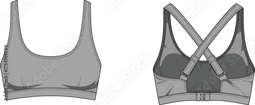 Sports bra front view, back view, crisscross strap design, adjustable closure, athletic underwear, fitness apparel, activewear clothing, women’s workout bra