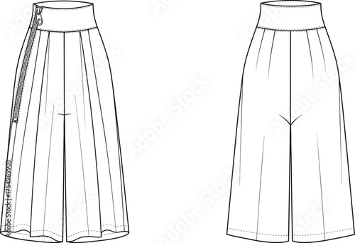 Wide leg pants, fashion sketch, technical drawing, front view, back view, pleated trousers, high waist, side zipper, garment design, apparel illustration