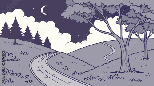 White snowy winter landscape with a cold forest road and frosty trees