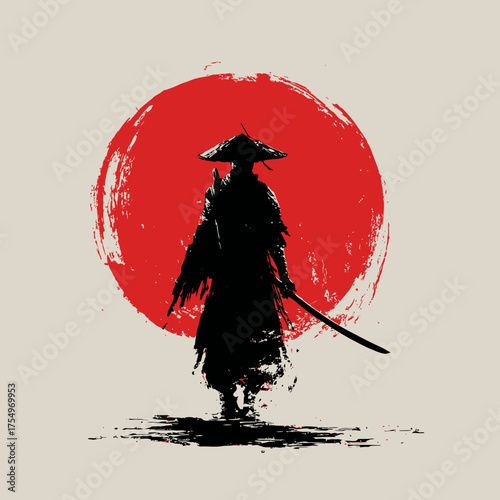 Ink silhouette of a samurai with a hat and katana against a red, brush-stroked sun
