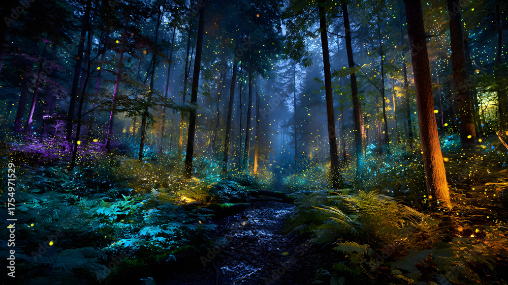 Fototapeta premium Night forest illuminated by glowing plants and sparkling air particles 
