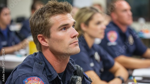 Young recruits attentively listen during a law enforcement training session in an educational setting.