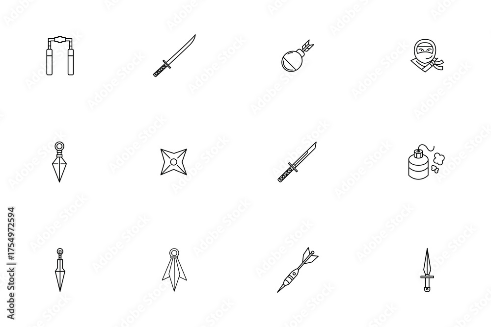 Fototapeta premium Ninja Weapons and Equipment Outline Vector Icon Set