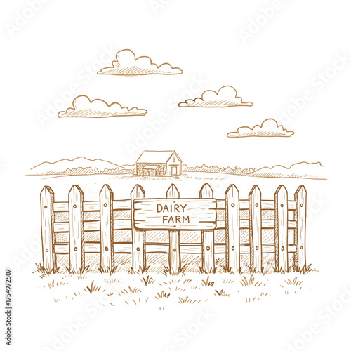 Dairy farm with wooden fence and clouds on a sunny day  Minimalist doodle-style vector illustration.