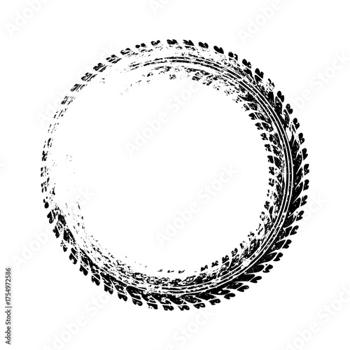 Grunge circle tire track, wheel braking mark. Truck, car or motorcycle tread pattern silhouettes. Auto race, motorsport, speed racing design element. Vector illustration.