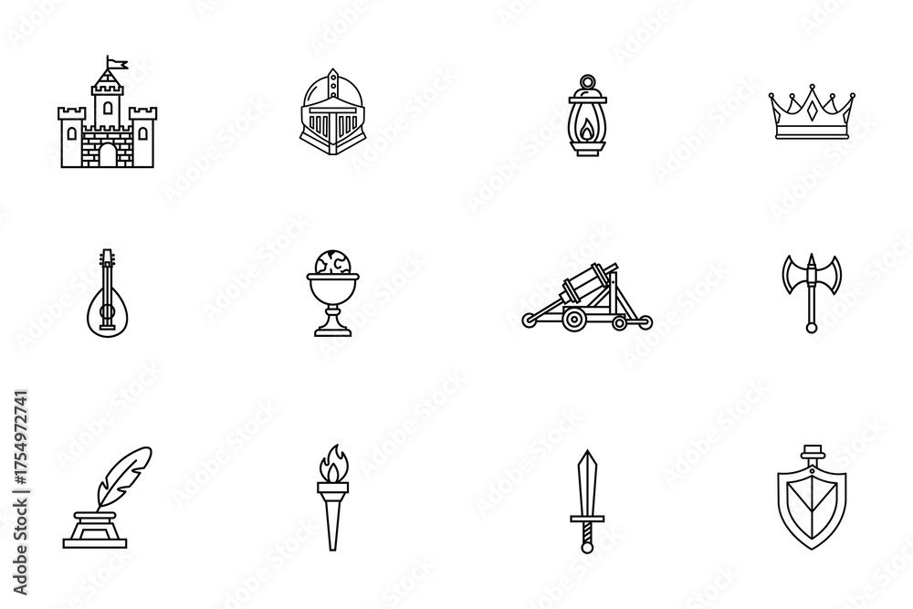 Fototapeta premium Medieval Fantasy Outline Vector Icon Set - Castle, Crown, Weapons