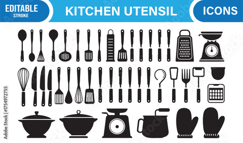 Black and white kitchen utensil icon pack for restaurant, food, and culinary design themes