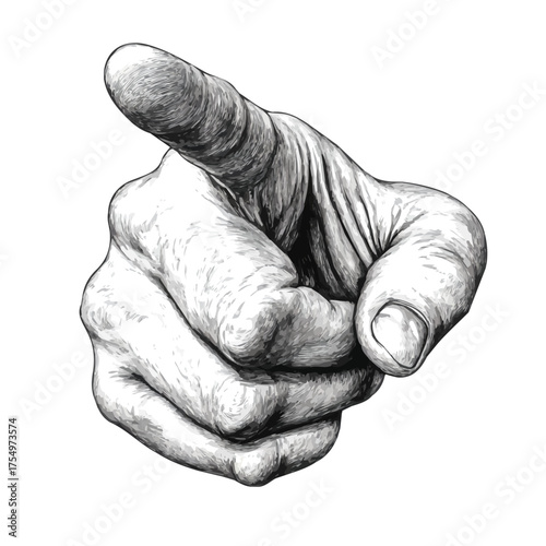 Vintage hand-drawn engraving of a pointing finger, black and white etching style, isolated on white background.
