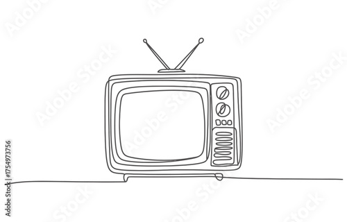 Minimalist continuous line drawing of a vintage television set with antenna vector