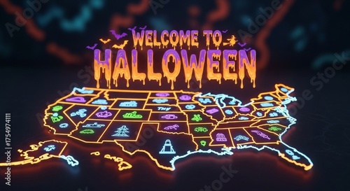 Welcome To Halloween Map Illustration - A neon- map of the United States with 