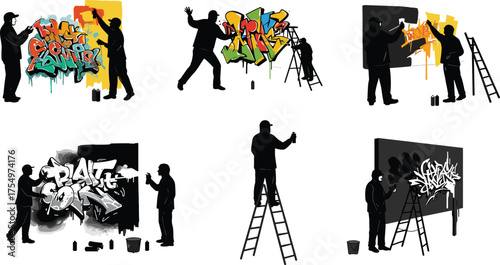 Urban street artist painting graffiti on wall, colorful spray paint artwork silhouettes, modern street art and creative expression illustration