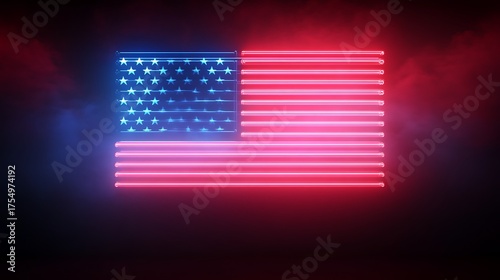 Glowing neon american flag illuminated in red and blue lights