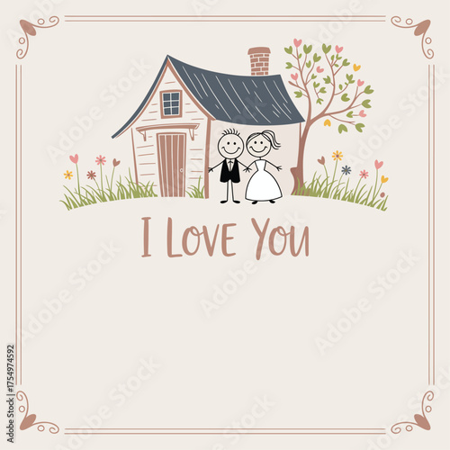 Eternal Vows: A heartwarming illustration of a couple standing hand-in-hand in front of a quaint cottage, framed by the words I Love You, symbolizing the essence of everlasting love and commitment. 