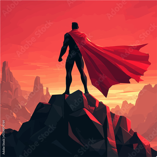 Superhero character illustration in red cape with geometric background modern comic vector style. 

