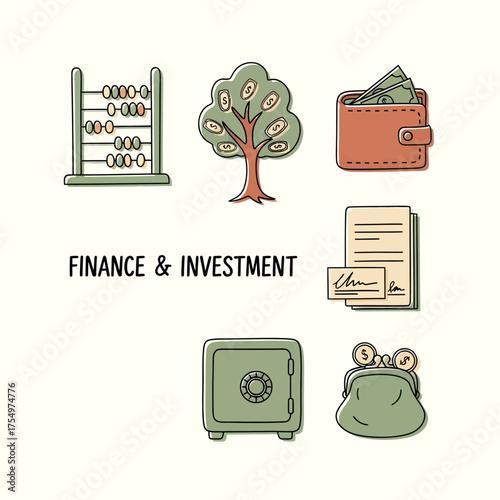 Finance and Investment Doodle Icons Set.