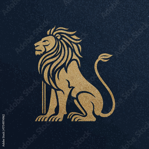 Golden lion sits regally on a textured deep blue background, noble and strong