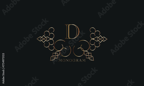 Vector elegant element for design template, place for text with initial letter D. Lace decor for greeting card, invitation, label, business sign.