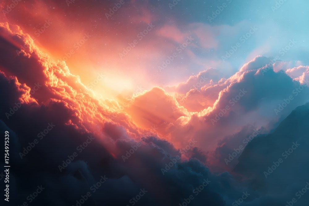Fototapeta premium A breathtaking skyscape filled with fiery clouds and celestial light. Experience the beauty and vastness of the heavens above.