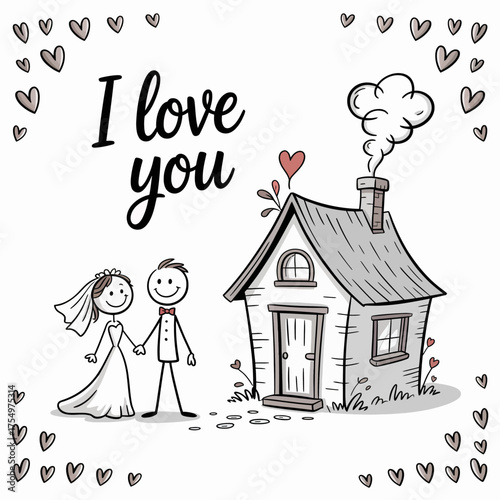 Love's Abode: A charming illustration depicts a couple hand-in-hand, standing before their quaint house, with a heartfelt I love you inscription amidst a flurry of hearts.
