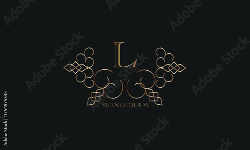 Vector elegant element for design template, place for text with initial letter L. Lace decor for greeting card, invitation, label, business sign.