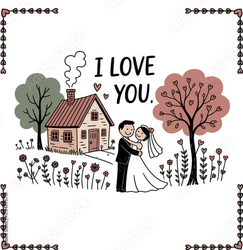 Love's Sanctuary: A heartwarming illustration depicts a couple embracing with a house, representing the dream of a shared life filled with love, warmth, and the promise of a future together.