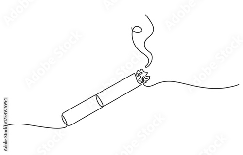 Elegant continuous one line drawing of a lit cigarette with smoke wisps vector