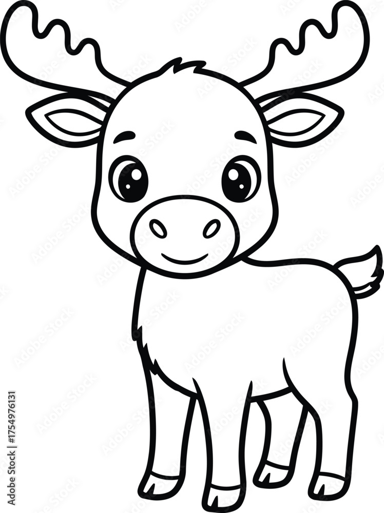 Fototapeta premium Adorable cartoon baby moose with large antlers and big eyes perfect for children s illustrations and coloring pages