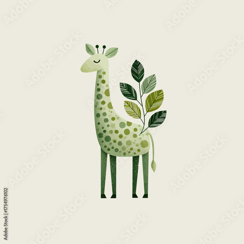 Illustration of a green giraffe with leaves sprouting from its back on a cream background