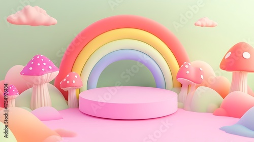 Whimsical pastel rainbow arch with pink podium and fluffy mushrooms for fantasy scenes