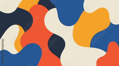 Abstract background with organic shapes in blue orange yellow and cream colors forming a pattern