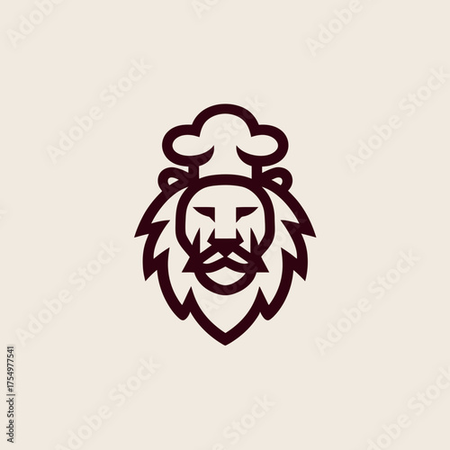 Stylized lion head wearing a chef's hat in a dark, thick lineart style on a light background