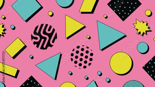 Retro pattern with geometric shapes in pink yellow teal and black creating a vibrant background