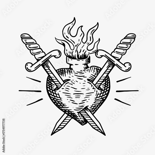 Sacred heart in flames with two swords — classic tattoo of courage, faith, and sacrifice, rendered in old-school flash style.