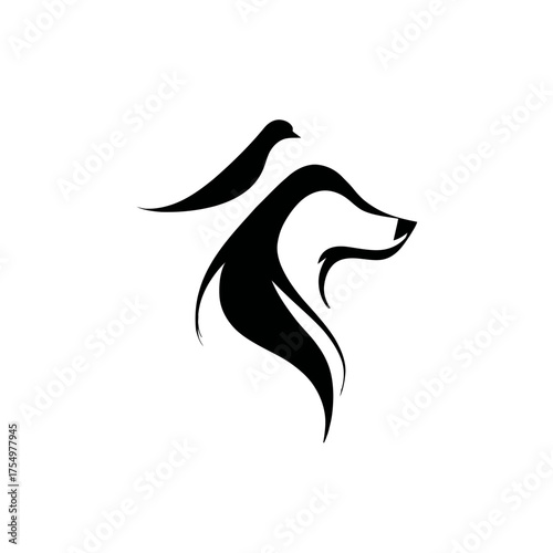 Abstract black illustration of a dog profile with a bird on its back on white