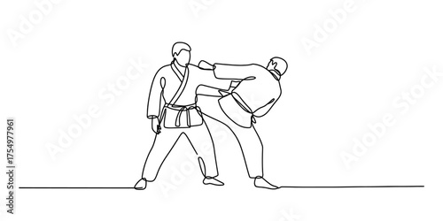Martial arts action dynamic duo continuous single line drawing art vector