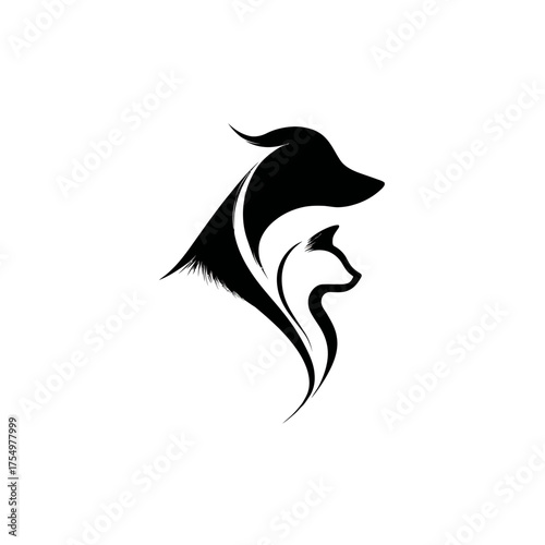 Stylized black and white illustration with an ox and a cat using brush stroke style